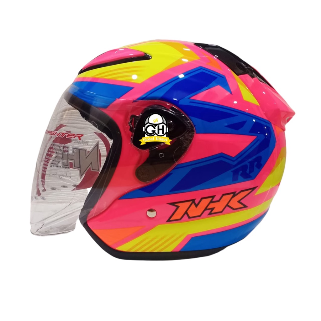 HELM NHK R6 MOTIF STARCO PINK FLO YELLOW BLUE HALF FACE NHK R6 MOTIF