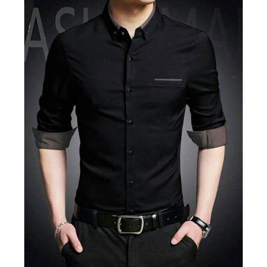 FortKlass Raffi Hitam kemeja polos pria lengan panjang formal slimfit cowok