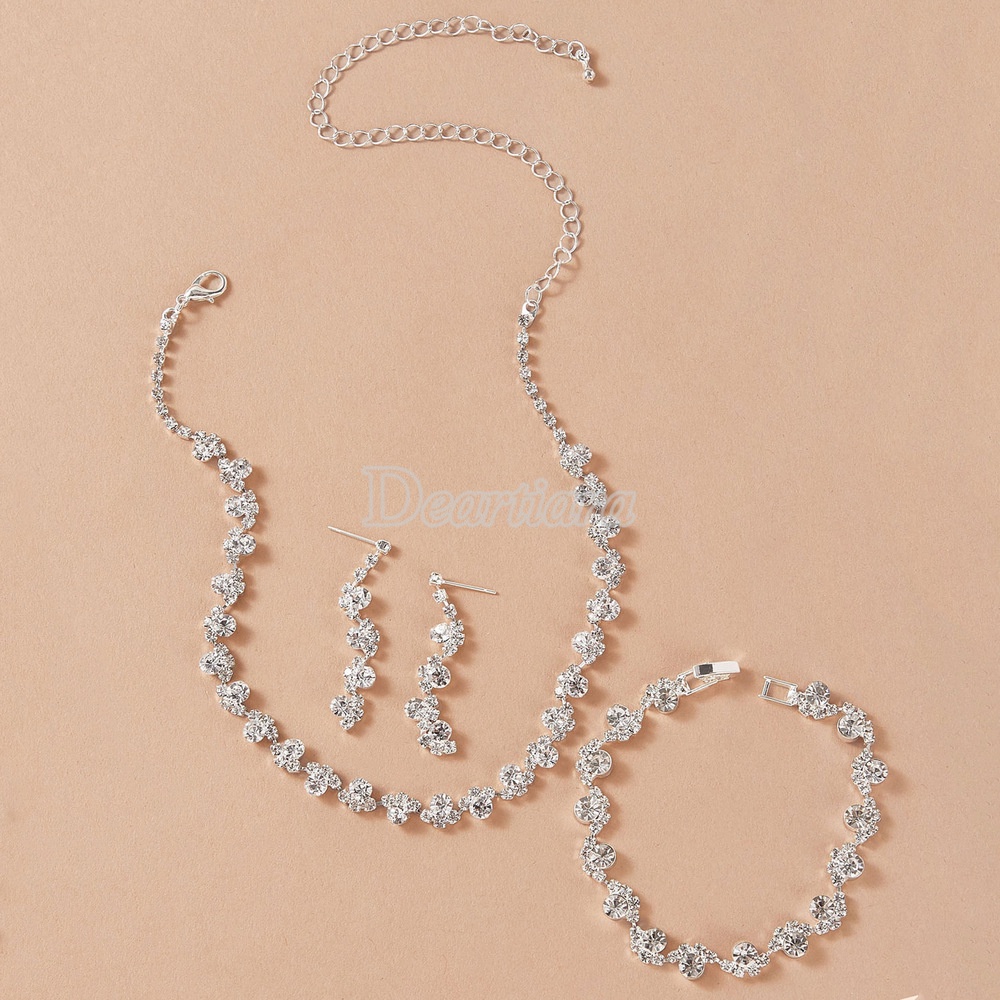 Set Perhiasan Kalung Anting Gelang Berlian Warna Silver Untuk Aksesoris Pengantin Pernikahan