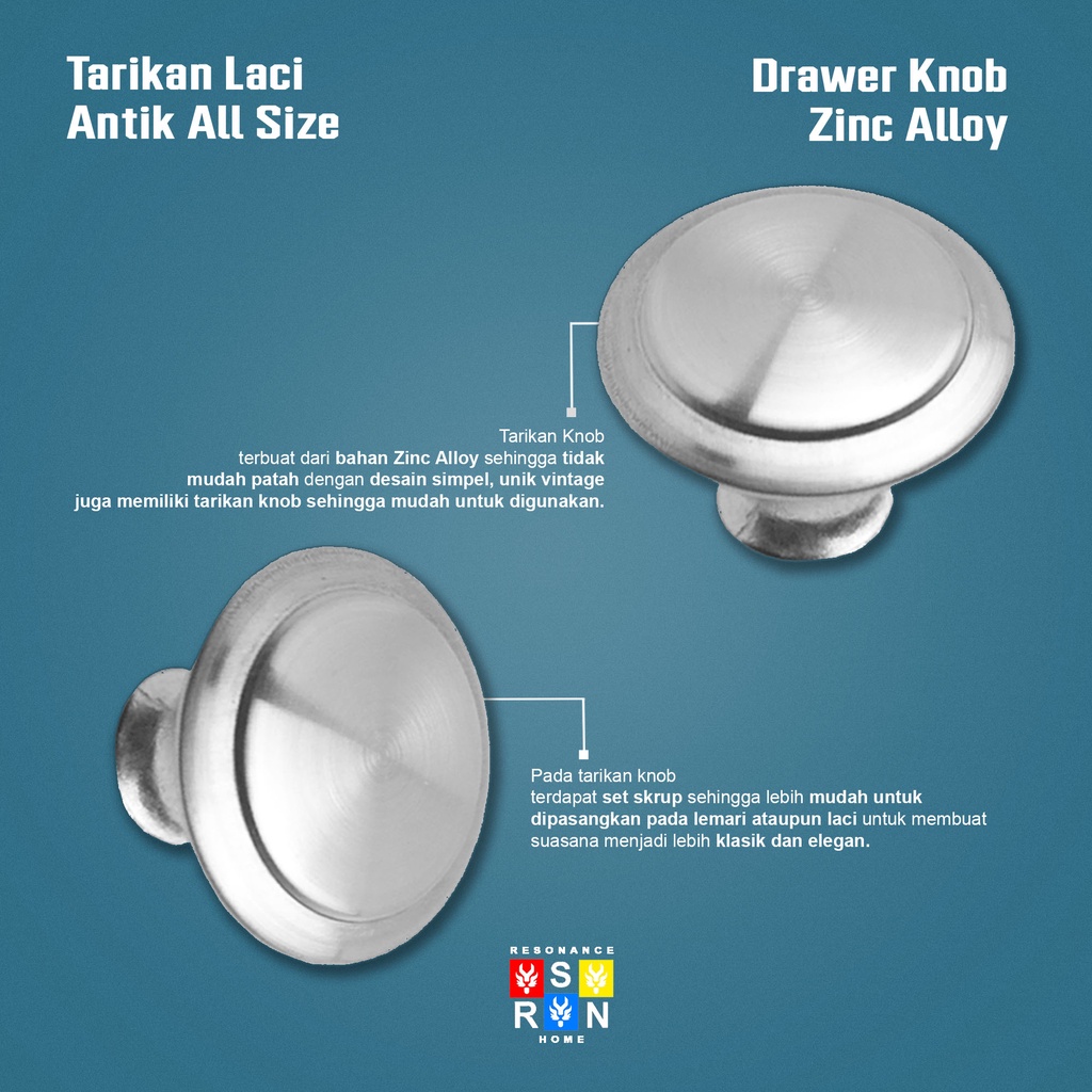 Tarikan Knop Laci / Pegangan Knob Laci Lemari Silver / Drawer Knob Resonance Home