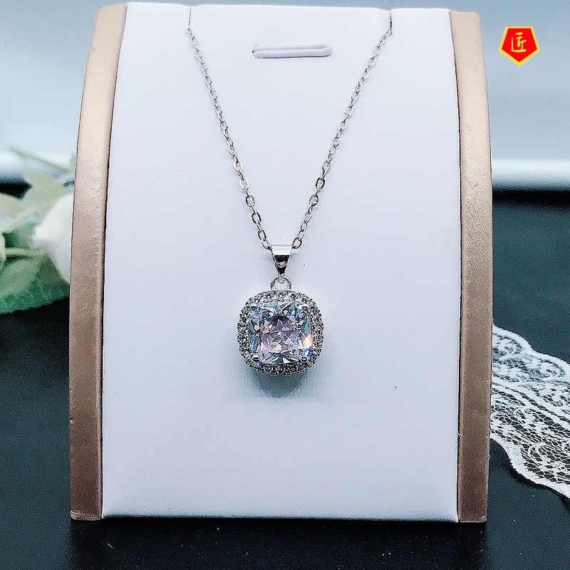 [Ready Stock]Classic Square Pendant Diamond Necklace Elegant Graceful