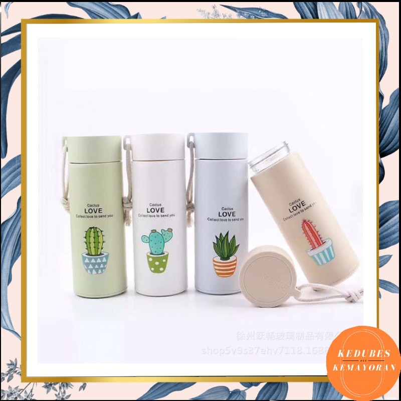 BOTOL KACA Termos Tumbler Unik Motif Tanaman Cactus Glass Material