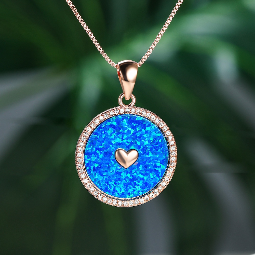 Kalung Desain Bunga Hati opal Biru Bentuk Bulat Warna rose gold Gaya Eropa Amerika Untuk Wanita