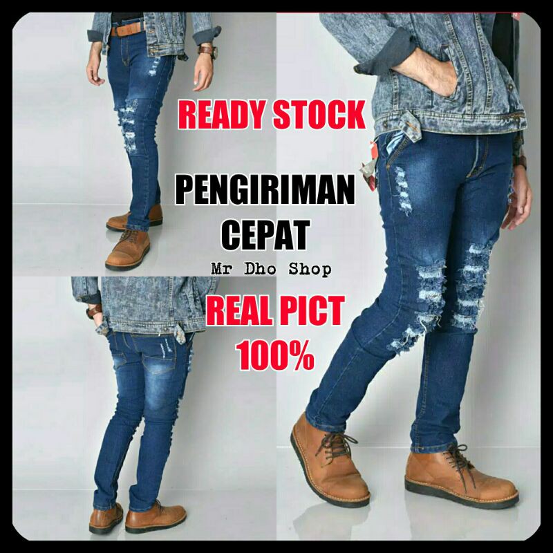 Celana Levis Jeans Denim Cowok Pria Sobek Robek Ripped Bolong Lutut Skiny Pensil Botol Distro Keren 