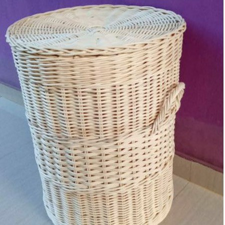 Keranjang rotan bulat tutup laundr besar penyimpan barang baju kotor mainan anak 35x35x30 cm