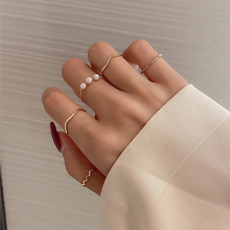 Set 5cincin Untuk Wanita Korea Simple Geometris Mutiara