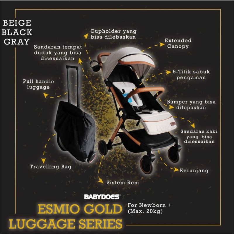 Stroller Babydoes CH 3481 Esmio / CH 3491 KTSN Esmio Gold Kereta Dorong Bayi Cabin Size