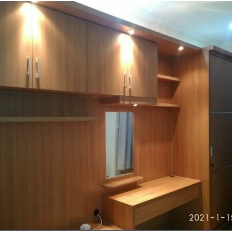 backdrop TV, meja rias, meja kantor, dan lemari jadi satu