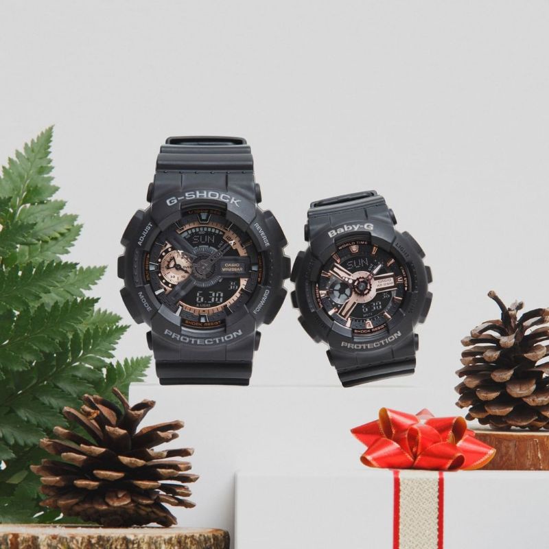 Jam Tangan Couple Merk G-Shock & Baby-G Black Rose Gold Original Bm Free Box Set