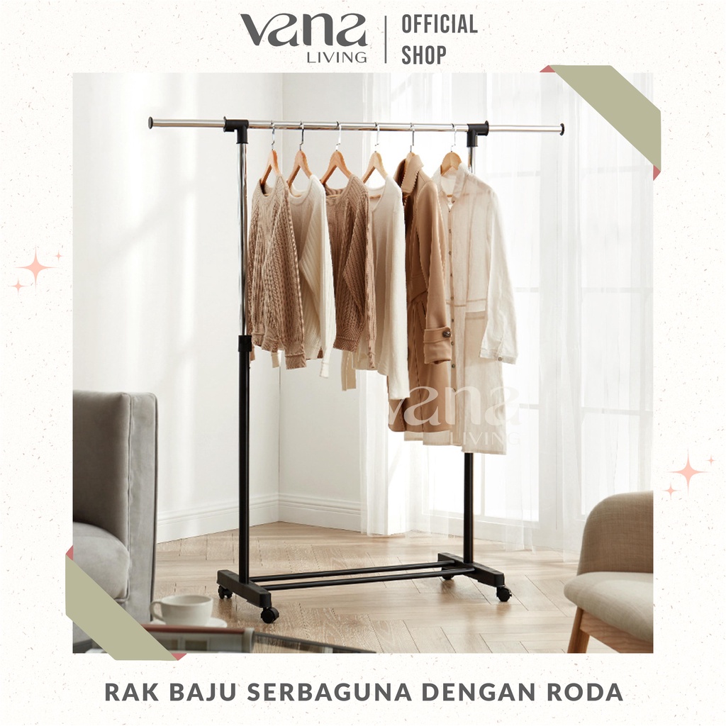 Vana Rak Gawang Besi Jemuran Baju Gantungan Serbaguna Single Stand Hanger Gawangan 4 Roda