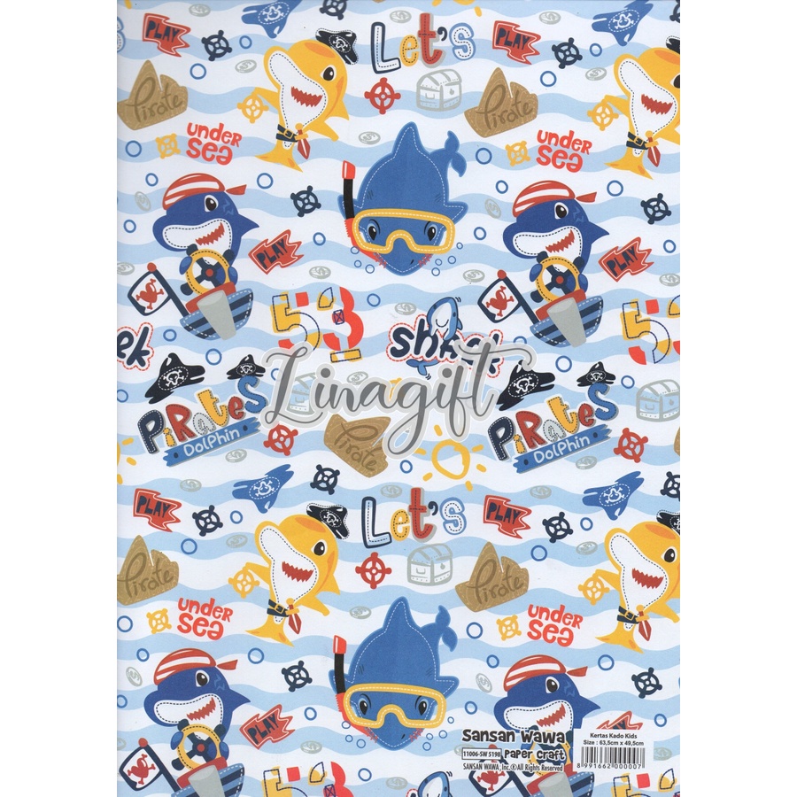 ( 5 Lembar ) SHARK SANWA - KERTAS KADO ANIMAL CARTOON - GIFT WRAP PAPER SANSAN WAWA IKAN HIU / NEMO / CUTE BINATANG / WHALE PIRATE DOLPHINS BLUE SEA MARINE LIFE SUBMARINE