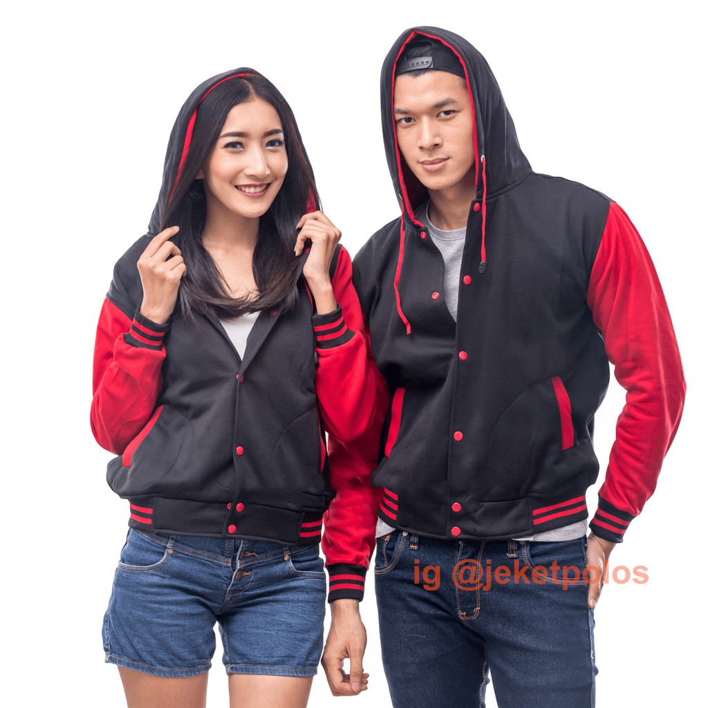 Jaket Hoodie Varsity polos | Hitam-Merah | M, L, XL