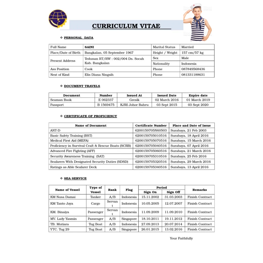 CV / Daftar Riwayat Hidup Pelaut