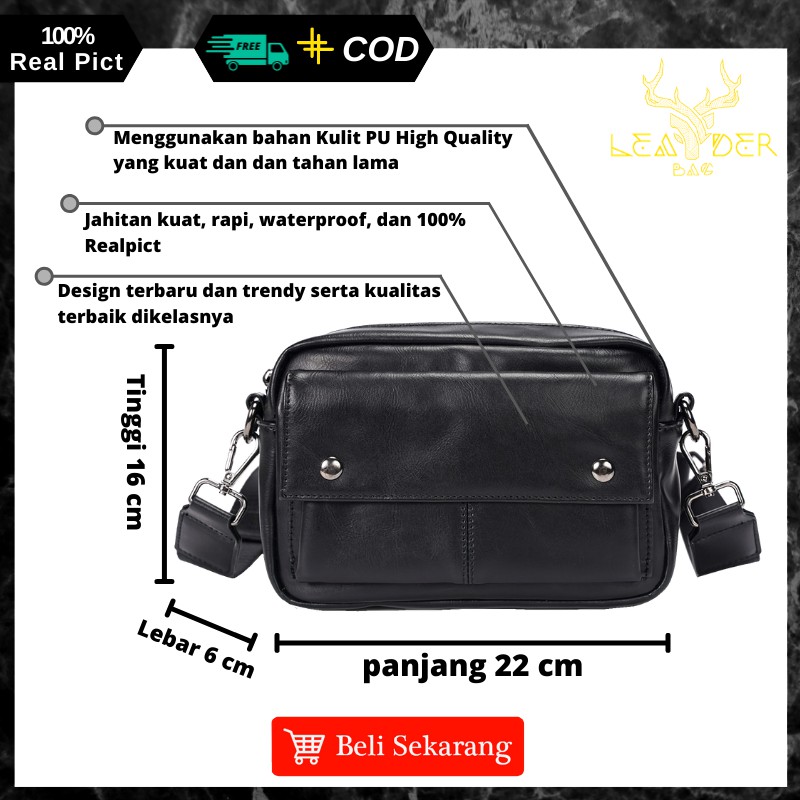 Tas Selempang Kulit Cowok Original Model Terbaru Warna Hitam Atau Tas Kulit Pria Import Waterproof