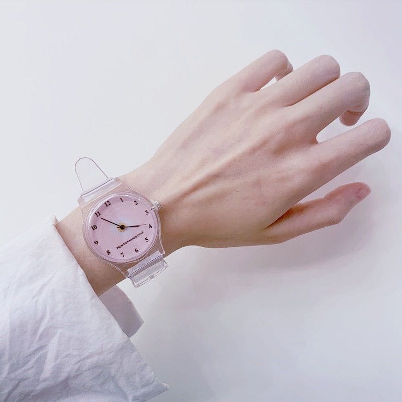 Jam Tangan Quartz Analog Motif Bunga Transparan Untuk Wanita /  Jam Tangan Motif Bunga Transparan-36-8 Pink