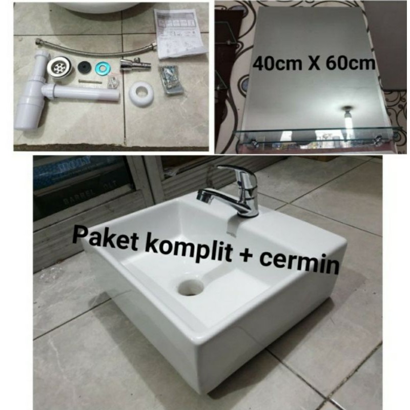 Wastafel Keramik SERICITE Kotak Komplit Aksesories + Kaca Mirror