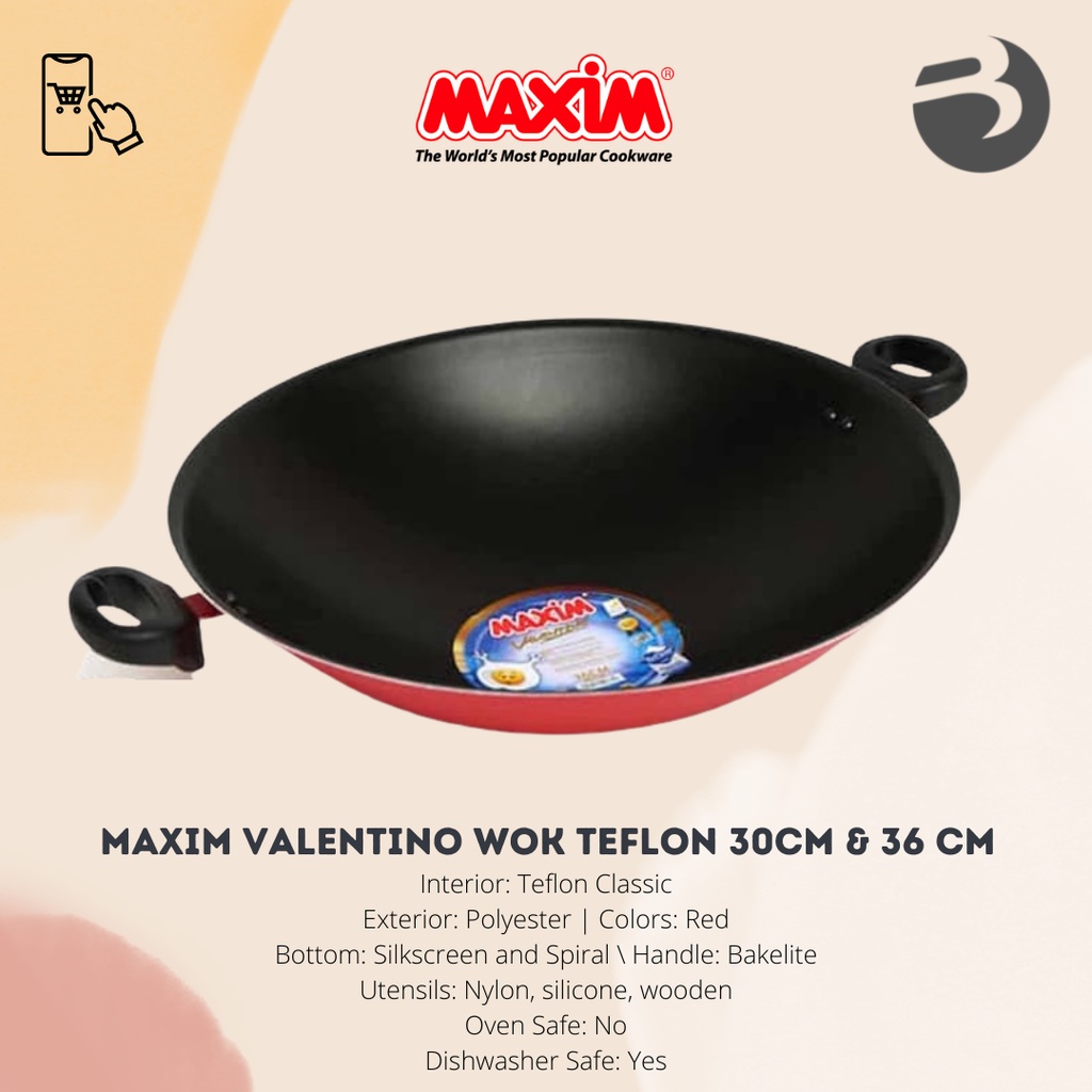 Maxim Valentino Wok Teflon 30cm &amp; 36 cm Wajan Penggorengan