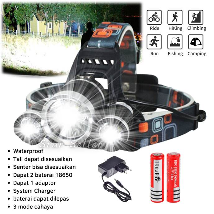 Senter Kepala LED Cas Super Terang Anti Air XM-L T6 5000 Lumens / Headlamp Cree XM-L T6 Rechargeable