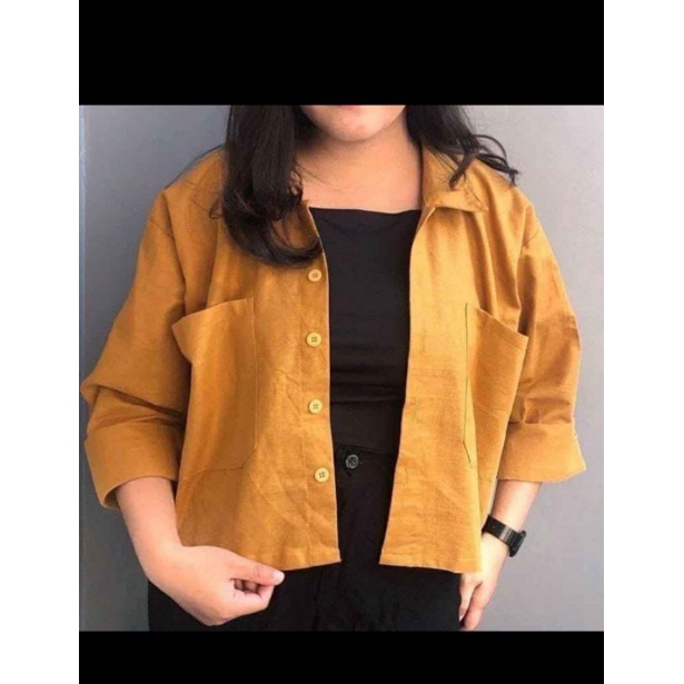 Kemeja Wanita Lengan Panjang Crop top Kemeja  Oversize Shirt Polos Rami Linen Crop top-Mustard