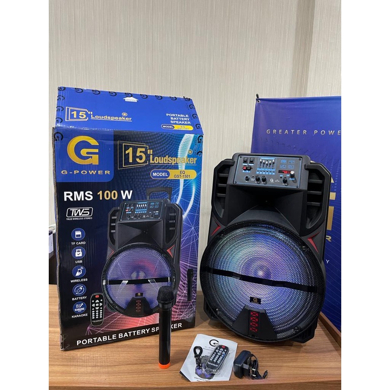 G-POWER Portable Battery Speaker Aktif  RGB EQ Gst 1501 Bluetooth 15' Karaoke free 2 Mic Original Termurah