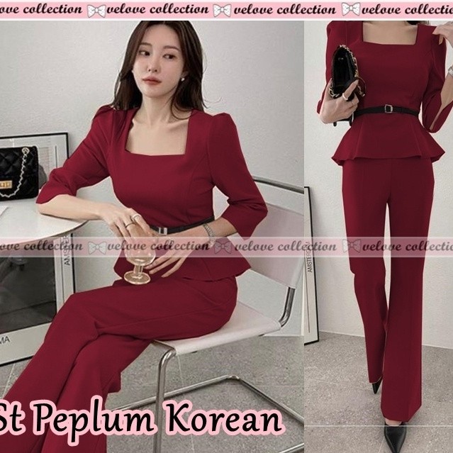Baju Set Stelan Celana Panjang Kulot 2in1 Setcel Trend Kekinian 2022 ST Setelan Uneck Peplum Wanita 