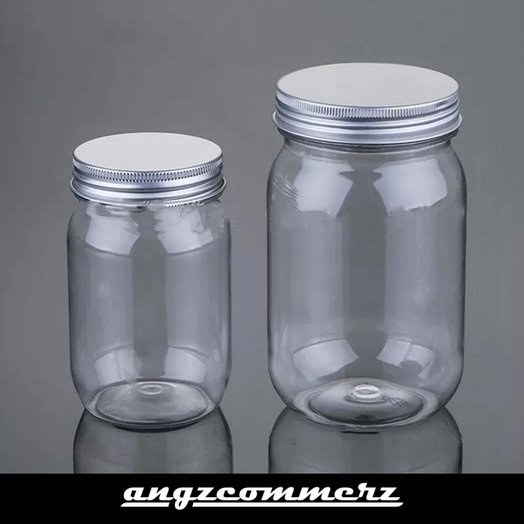 Toples Botol Plastik Tebal Bening PET Clear Oval Mason Candy Jar Aluminium Cap