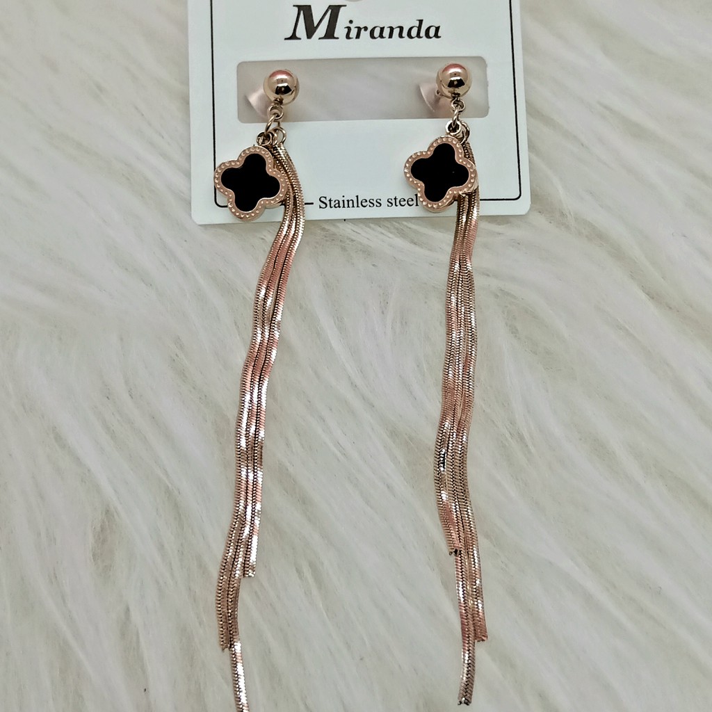 Anting Titanium L* Gantung Panjang Aksen Daun Semanggi Rose Gold Dan Gold