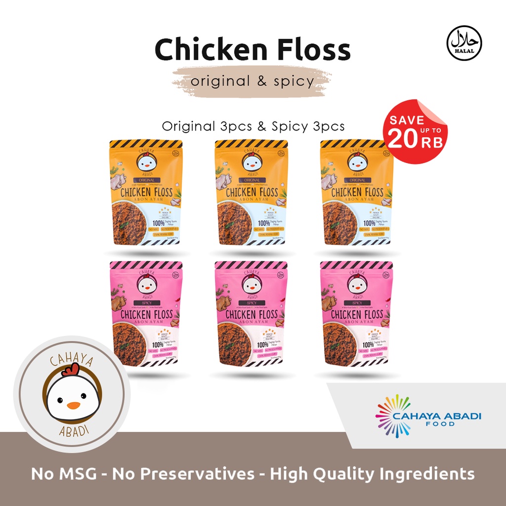 

Cahaya Abadi Abon Ayam Mix Variants Original - Spicy ( Half Dozen )