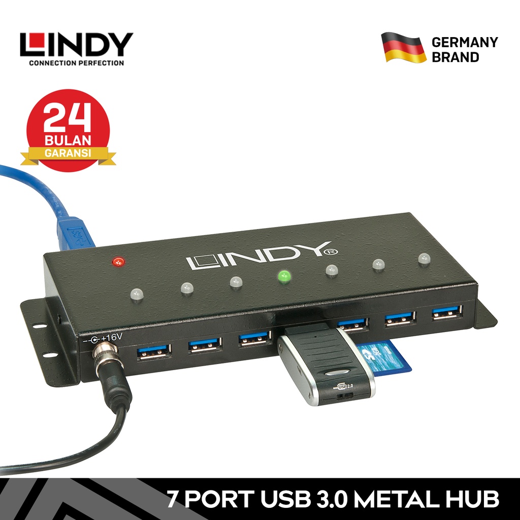 LINDY USB 3.0 Hub 7 Port Metal Multi-Country Power 5Gbps 43128