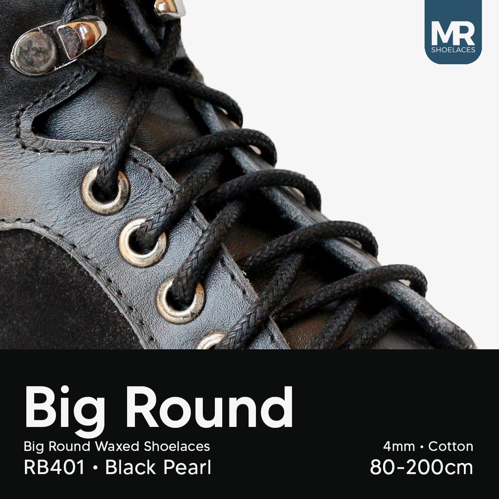 Original RB401 Tali Sepatu Lilin Bulat Hitam (Black) Tebal 4mm Variasi Ukuran 70cm 80cm 90cm 100cm 120cm 150cm 180cm 200cm Premium Round Waxed Shoelaces