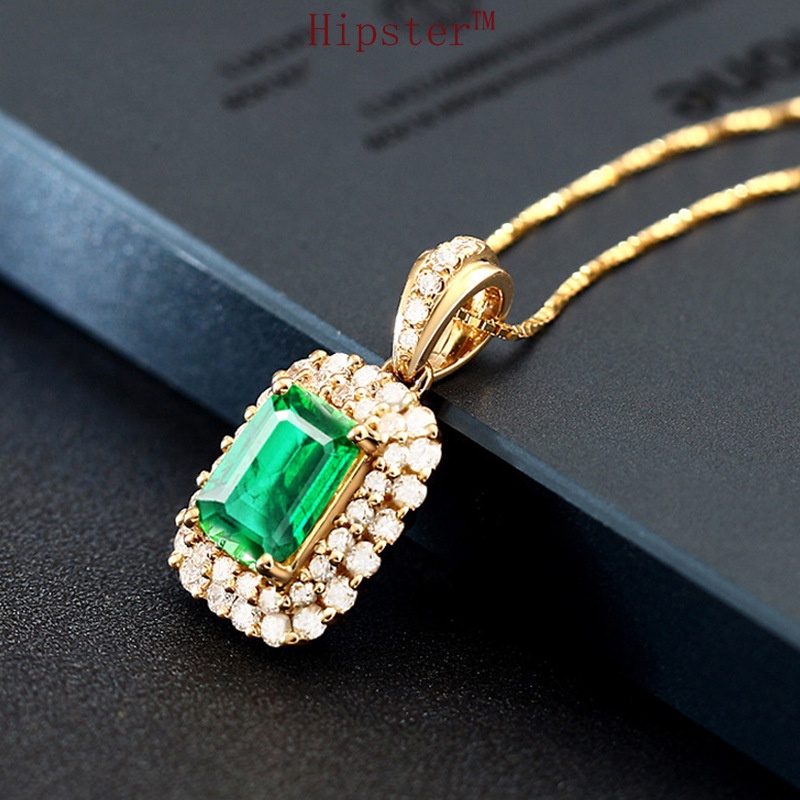 Hot Sale Luxury Square Full Diamond Natural Green Crystal Pendant Necklace