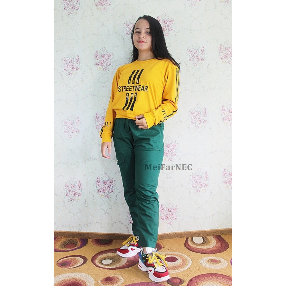 Celana Panjang Wanita Celana Slim Fit Jogger Pantaloni Cargo Dellina Warna Hijau Botol