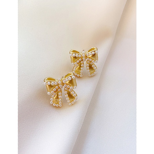 LRC Anting Tusuk Fashion Golden Alloy Pearl Bow Earrings V57157