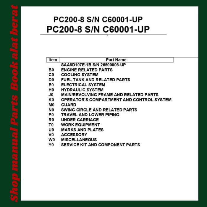 Parts book catalog pc200-8 SN C60001 UP excavator komatsu