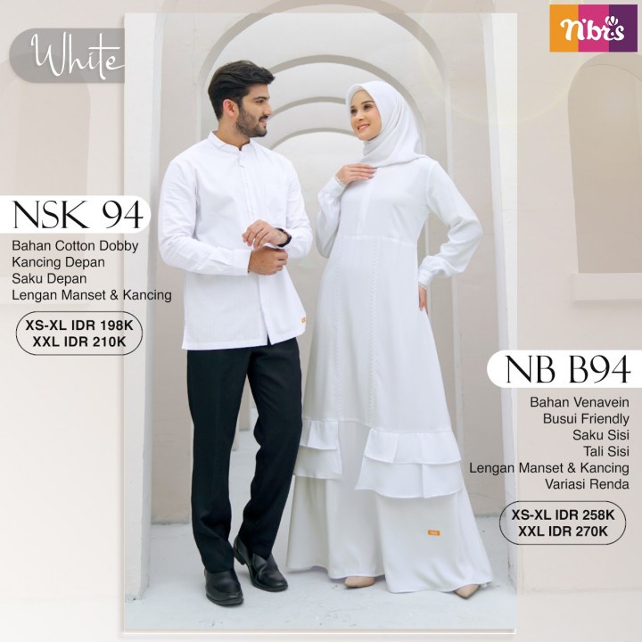 Baju Couple Gamis & Koko Dewasa Nibras Sarimbit NSK 094 & NB B94 WHITE (BMA)