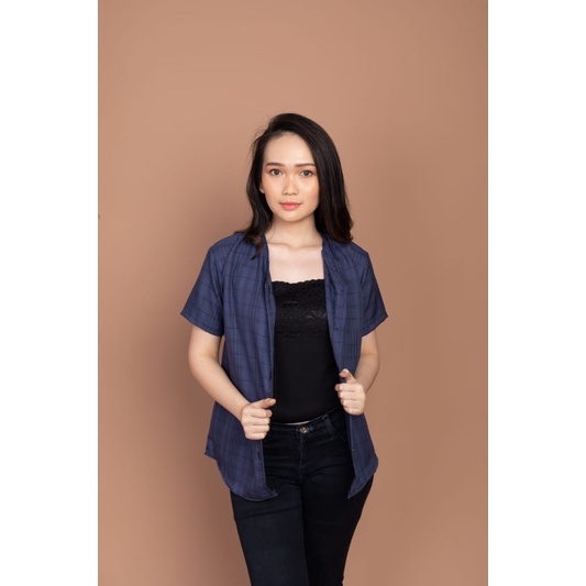 CUTIES TOP - ATASAN KEMEJA CASUAL WANITA KOTAK BUTTON LENGAN PENDEK (KML1)