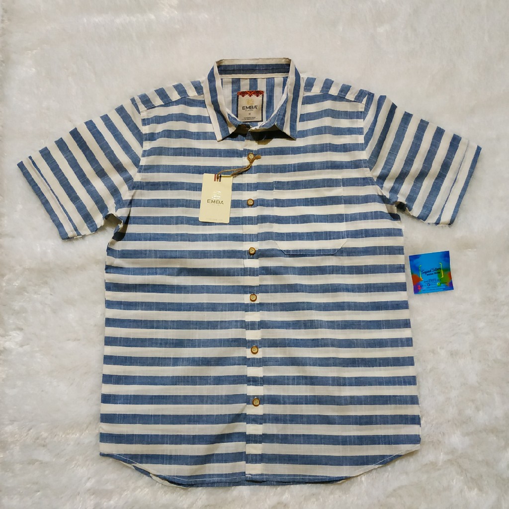 KEMEJA PRIA EMBA CLASSIC ORIGINAL LIMITED EDITION LENGAN PENDEK PUTIH GARIS BIRU