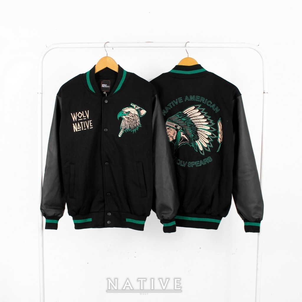 Wolv Varsity Jaket Leathee Native / Jaket Baseball Bahan Kulit Oscar