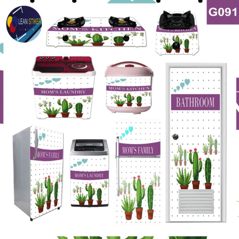 stiker kulkas 1 dan 2 pintu,kompor,magicom,mesin cuci, pintu kamar mandi motif kaktus love