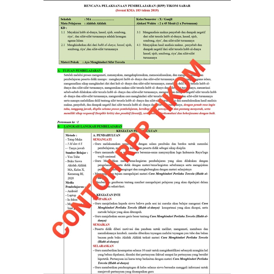 CD RPP 1 LEMBAR (RPP DARING,LURING/TATAP MUKA &amp; TIKOM SABAR) MA SKI KELAS X,XI,XII,2SEMESTER, SESUAI KMA183TAHUN 2019