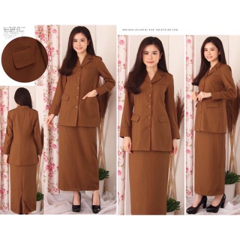 seragam pemda wanita Pundak Pangkat Jas Safari Wanita Seragam Guru Pemda Kantong 3 Coklat set Rok Sp