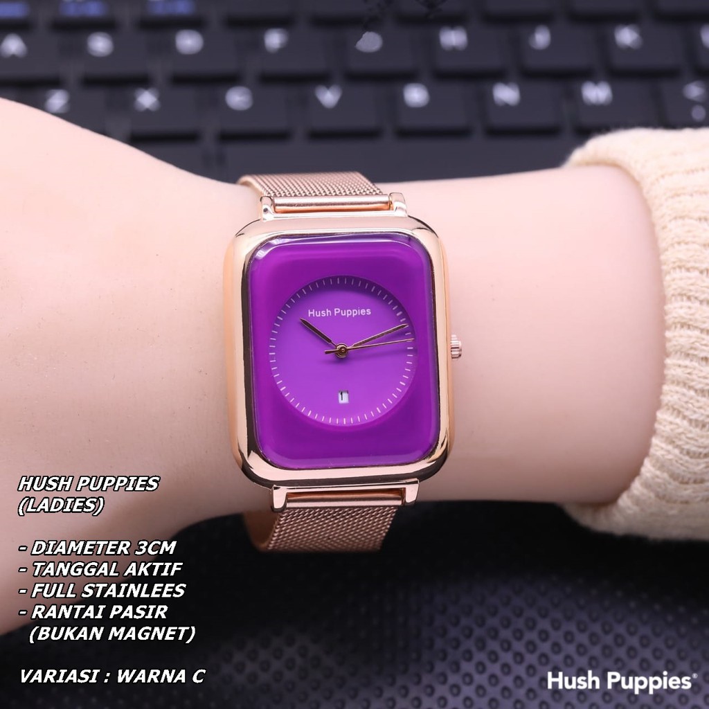 JAM TANGAN WANITA HUSH PUPPIES H-005 RANTAI BODY SEGI TANGGAL AKTIF