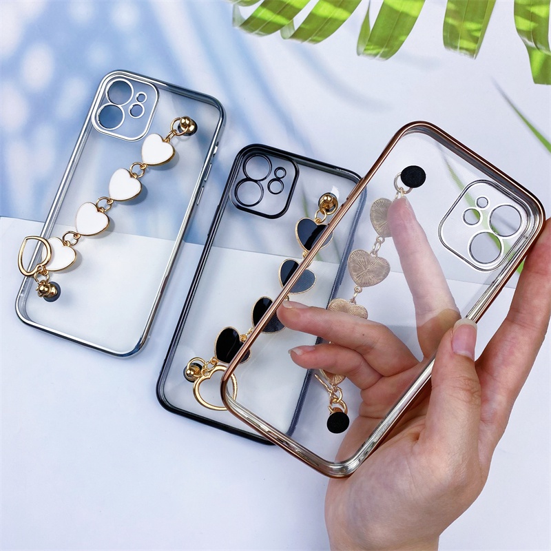 Soft Case Transparan Electroplated Ultra Tipis Dengan Gelang Anti Hilang Untuk iPhone 11 12 13 Pro X XS Max XR 7 8 Plus