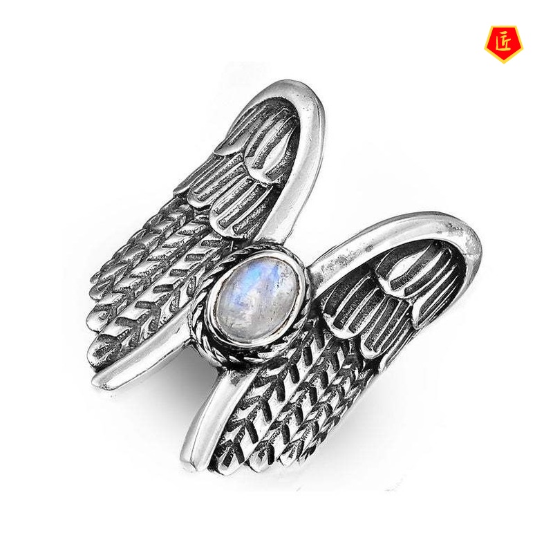 [Ready Stock]Retro Personalized Angel Wings Moonstone Ring