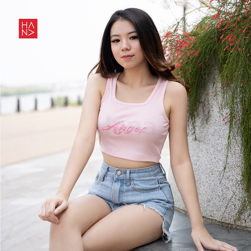 HanaFashion - Angel Crop Tank Top Rajut Atasan Wanita  - TT195-Pink Rib