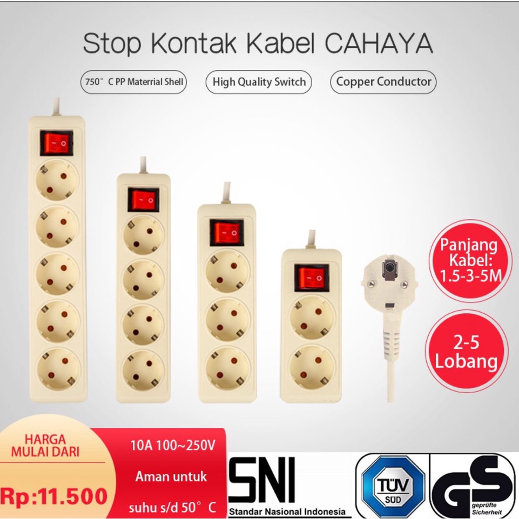 STOP KONTAK + KABEL 2,3,4,5 LUBANG 1.5/3/5 METER SNI