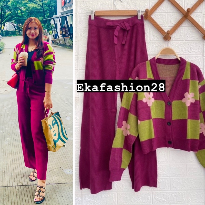 One Set Cardigan Rajut Celana Kulot Rajut Oversize