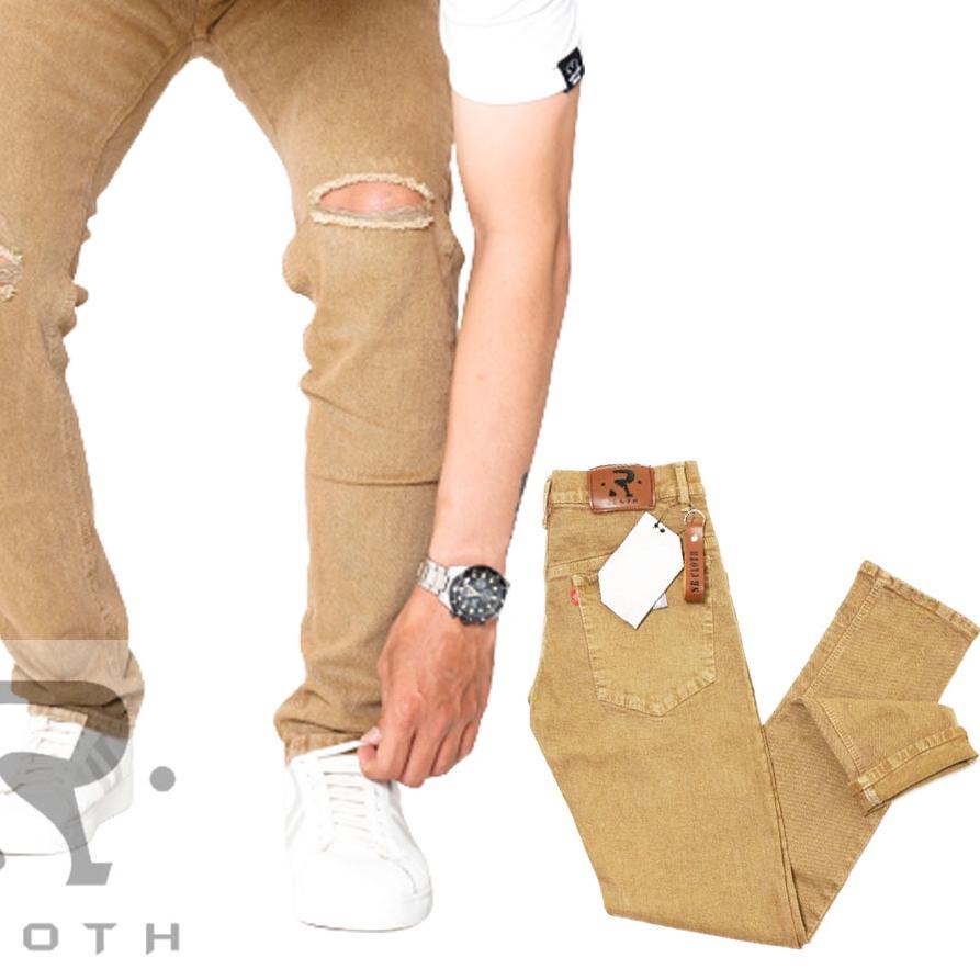 CELANA JEANS PANJANG PRIA SOBEK RIPPED JEANS WARNA CREAM TUA ✓
