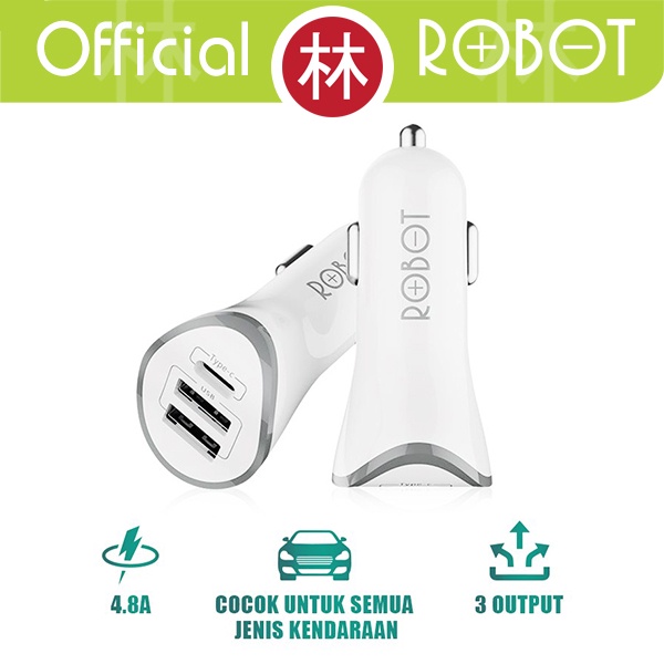 ROBOT RT-C08 Car Charger Colokan Mobil - 3 Port USB &amp; Type C 4.8A Max