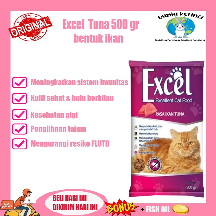 MAKANAN KUCING EXCEL 500 GR TUNA BENTUK IKAN DRY CAT FOOD PELET PAKAN